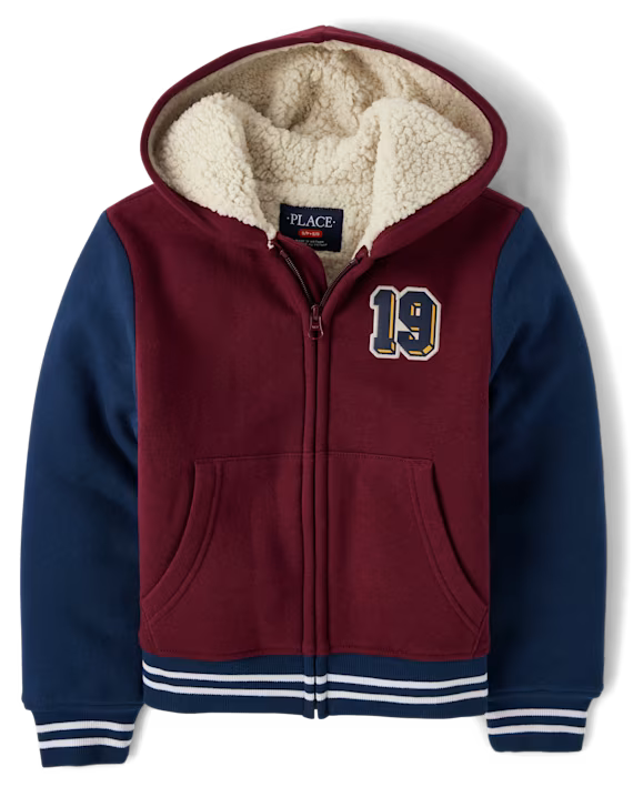 Kids Varsity Patch Premium Fleece Sherpa Lined Zip Up Hoodie